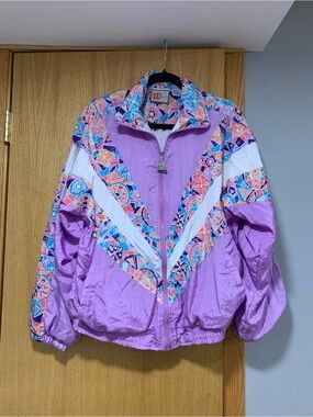 Wilson 90s Retro Lavender Windbreaker with Multicolor Geometric Trim - Size L